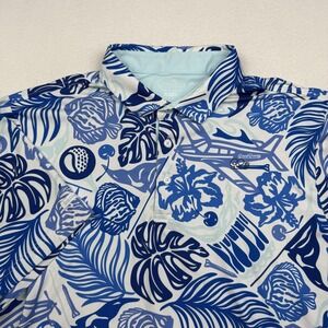 Good Good Golf Polo Shirt Mens XL Blue Tropical Plane Hibiscus Golf Stretch